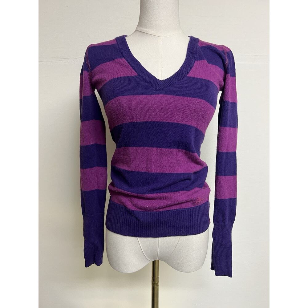 Y2K Aeropostale Womens S Rugby Striped Sweater Long Fitted Pink Purple Preppy